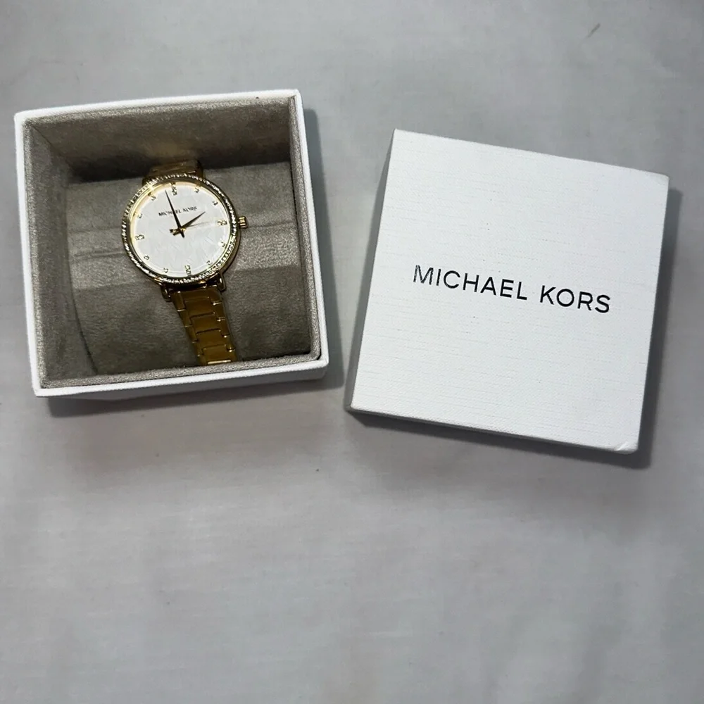 Michael Kors Pyper Three Hand Gold Tone Bracelet Watch White 38mm MK4666